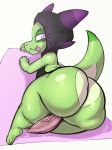  anthro big_butt big_penis bottomless butt chibi clothed clothing erection hoodie huge_butt kingofacesx kobold looking_at_viewer male overweight penis precum reptile scalie slightly_chubby solo tapering_penis thick_thighs tongue tongue_out vein 