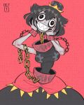  bad_anatomy black_dress black_hair bracelet broken broken_chain chain collar commentary crown dated dress dullahan english_commentary freckledoctopus hair_between_eyes inktober jewelry looking_at_viewer mario_(series) monster_girl new_super_mario_bros._u_deluxe princess_chain_chomp red_background red_eyes sharp_teeth short_hair smile solo standing super_crown teeth 