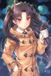  &gt;:( bangs black_bow blurry blurry_background blush bow brown_coat brown_hair closed_mouth coat coffee_cup collared_shirt commentary_request contemporary cup depth_of_field disposable_cup duffel_coat eyebrows_visible_through_hair fate/grand_order fate_(series) forehead hair_bow hand_in_pocket hand_up highres holding holding_cup ishtar_(fate/grand_order) light_frown long_hair long_sleeves parted_bangs red_eyes samoore shirt solo tiara two_side_up v-shaped_eyebrows very_long_hair white_shirt 