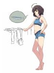  ahoge bangs barefoot blue_bra blue_shorts blunt_bangs boyshorts bra brown_hair clothes_removed commentary_request fish full_body hand_on_hip kantai_collection kishinami_(kantai_collection) saury short_hair short_shorts shorts simple_background solo sports_bra standing thought_bubble underwear uno_ichi wavy_hair white_background 