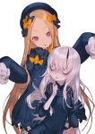  abigail_williams_(fate/grand_order) bags_under_eyes bangs black_bow black_dress black_hat blonde_hair bloomers blue_eyes blush bow bug bukurote butterfly commentary dress fate/grand_order fate_(series) forehead hair_bow hands_up hat head_tilt horn insect lavinia_whateley_(fate/grand_order) long_hair long_sleeves looking_at_viewer multiple_girls orange_bow parted_bangs parted_lips polka_dot polka_dot_bow purple_eyes silver_hair sleeves_past_fingers sleeves_past_wrists underwear very_long_hair white_bloomers wide-eyed 