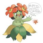  2017 bellossom black_hair blush brown_eyes erika_(pok&eacute;mon) female flower green_skin hair headband nintendo nippleless_breasts open_mouth plant pok&eacute;mon pok&eacute;mon_(species) shrinking simple_background solo speech_bubble stone thetransformtentacle touching_breasts transformation video_games 