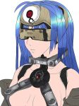  android blue_hair breasts cleavage closed_mouth commentary_request cyborg forehead_protector head_mounted_display kos-mos kos-mos_(archetype) long_hair simple_background solo virtues white_background xenosaga xenosaga_episode_i 
