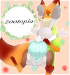  anthro barefoot butt canine clothing denyfake disney english_text female fox full_body hi_res hug invalid_tag judy_hopps lagomorph looking_down male male/female mammal nick_wilde pants pawpads rabbit rear_view shirt skirt smile text zootopia 