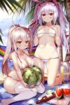  absurdres animal_ears ass_visible_through_thighs ayanami_(azur_lane) azur_lane ball beach beachball bikini blonde_hair blush bottle breasts cafe_pretor commentary day fake_animal_ears food fruit hairband hammock hands_on_own_chest highres kneeling laffey_(azur_lane) large_breasts long_hair looking_at_viewer medium_breasts multiple_girls navel orange_eyes palm_tree parted_lips ponytail silver_hair sitting skindentation swimsuit thighhighs tree twintails wariza watermelon watermelon_beachball white_bikini white_legwear 