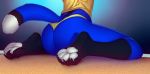  anthro black_fur blue_fur butt butt_shot canine claws clothed clothing digital_media_(artwork) fox fur hi_res kneeling male mammal pawpads paws rexwind shirt simple_background solo thong underwear white_fur white_pawpads zannos 