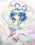  backlighting blue_dress blue_eyes blue_hair blush collarbone commentary_request dress flower hair_between_eyes hair_ornament hair_rings hair_stick holding holding_flower kaku_seiga leaf looking_at_viewer petals puffy_short_sleeves puffy_sleeves short_hair short_sleeves smile solo takatora touhou twitter_username veil 