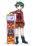  artist_name bangs black_legwear boots brown_shorts commentary_request full_body gashapon_machine green_eyes green_hair kantai_collection kneehighs long_sleeves mogami_(kantai_collection) mogamiya_honu red_sailor_collar red_shirt sailor_collar school_uniform serafuku shirt short_hair shorts simple_background smile solo standing swept_bangs white_background 