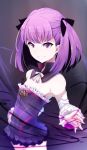  bad_id bad_twitter_id bangs bare_shoulders black_bow black_collar blurry blurry_background blush bow commentary_request depth_of_field detached_collar detached_sleeves dress eyebrows_visible_through_hair fate/grand_order fate_(series) frilled_dress frills grin hair_bow helena_blavatsky_(fate/grand_order) highres long_sleeves looking_at_viewer purple_dress purple_eyes purple_hair smile solo standing strapless strapless_dress tree_of_life two_side_up wada_kazu white_bow white_sleeves 
