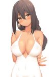  armlet arms_behind_back azur_lane bad_id bad_twitter_id bangs bare_shoulders black_hair blush body_mahattaya_ginga breasts brown_eyes cleavage closed_mouth collarbone commentary covered_navel dark_skin dress earrings eyebrows_visible_through_hair feather_earrings hair_between_eyes head_tilt jewelry large_breasts light_smile long_hair looking_at_viewer native_american simple_background smile solo south_dakota_(azur_lane) tied_hair upper_body white_background white_dress 