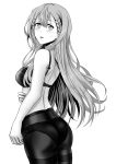  ass back bangs blush bokutachi_wa_benkyou_ga_dekinai bra breasts cowboy_shot crotch_seam eyebrows_visible_through_hair from_behind greyscale highres kirisu_mafuyu lace lace-trimmed_bra lace-trimmed_panties light_frown long_hair looking_at_viewer looking_back monochrome panties panties_under_pantyhose pantyhose parted_lips rintarou_(puuy4825) small_breasts solo standing sweatdrop thighband_pantyhose underwear underwear_only 