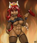  abs anthro bajanic bowser breasts clothed clothing crossgender crown female fire hair horn hybrid koopa legwear long_hair mario_bros nintendo red_hair scalie solo stockings thong under_boob video_games 