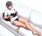  au_ra bare_legs barefoot black_panties blue_eyes book bulge closed_mouth collarbone commentary commission couch crossed_legs english_commentary final_fantasy final_fantasy_xiv full_body futanari grey_hair heterochromia horns jewelry panties pillow razalor reading reclining red_eyes ring scales shirt short_hair simple_background solo tail underwear wedding_ring white_background white_shirt 