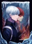  artist_name blue_eyes boku_no_hero_academia burn_mark fire from_side ice male_focus mirror multicolored_hair open_mouth red_hair reflection silver_hair solo todoroki_shouto two-tone_hair upper_body yuari_kim 