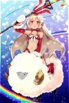  absurdres altera_(fate) altera_the_santa bangs bare_shoulders blunt_bangs blush breasts bubble choker cleavage collarbone dark_skin detached_sleeves earmuffs fate/grand_order fate_(series) full_body_tattoo gloves headdress highres holding holding_weapon midriff mittens navel open_mouth photon_ray ponita rainbow red_eyes red_footwear revealing_clothes riding sheep short_hair small_breasts solo stomach tan tattoo veil weapon white_gloves white_hair 