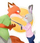  &lt;3 anthro blush breath buckteeth canine clothed clothing denyfake disney english_text eye_contact female fox fur green_eyes grey_fur hi_res invalid_tag judy_hopps lagomorph male male/female mammal necktie nick_wilde nose-to-nose open_mouth orange_fur pants purple_eyes rabbit shirt side_view simple_background standing sweat teeth text zootopia 