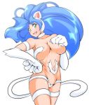  animal_ears anime_coloring big_hair blue_hair breast_press breasts cat_ears cat_tail cowboy_shot felicia fur green_eyes highres large_breasts long_hair looking_at_viewer open_mouth pakumaso paws smile solo tail vampire_(game) very_long_hair white_background white_tail 