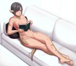  au_ra barefoot blue_eyes book breasts closed_mouth collarbone commentary commission couch crossed_legs english_commentary final_fantasy final_fantasy_xiv flaccid full_body futanari grey_hair heterochromia horns jewelry medium_breasts navel nipples nude penis pillow razalor reading reclining red_eyes ring scales short_hair simple_background solo tail uncensored wedding_ring white_background 