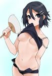  asagiri_asagi black_eyes black_hair breasts camisole_lift eyebrows_visible_through_hair fan hair_ornament hairclip highres kochiya_(gothope) lifted_by_self looking_at_viewer medium_breasts mouth_hold nippon_ichi open_clothes open_shorts short_hair short_shorts shorts solo standing strap_slip white_background 