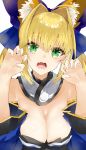  absurdres ahoge animal_ears bare_shoulders blonde_hair bow breasts claw_pose cleavage commentary_request cosplay detached_collar eyebrows_visible_through_hair fang fate/extra fate_(series) fox_ears green_eyes hair_bow hair_intakes highres japanese_clothes kou_mashiro large_breasts looking_at_viewer nero_claudius_(fate) nero_claudius_(fate)_(all) open_mouth solo tamamo_(fate)_(all) tamamo_no_mae_(fate) tamamo_no_mae_(fate)_(cosplay) white_background 