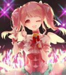  angel_wings bang_dream! bare_shoulders blush bow choker collarbone dress eyebrows_visible_through_hair hair_bow holding holding_microphone looking_at_viewer maruyama_aya medium_hair microphone one_eye_closed open_mouth pompitz red_bow red_ribbon ribbon smile solo twintails upper_body v white_bow wings 