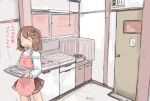  =_= apron brown_hair colorized comic door enjaku_izuku eyebrows_visible_through_hair fang fish fluorescent_lamp highres holding holding_tray kantai_collection kitchen long_hair long_sleeves medium_hair portable_stove ryuujou_(kantai_collection) saury shirt sink solo translated tray twintails 