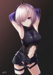  absurdres arm_behind_head armored_leotard armpits bee_doushi black_legwear black_leotard breasts chain cowboy_shot elbow_gloves fate/grand_order fate_(series) gloves highres leotard looking_at_viewer mash_kyrielight medium_breasts midriff navel navel_cutout purple_eyes restrained short_hair silver_hair solo standing stomach thigh_strap thighhighs 