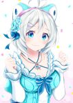  antenna_hair blue_bow blush bow breasts character_name cleavage closed_mouth collarbone dennou_shoujo_youtuber_shiro flower hair_bow hair_flower hair_ornament happy_birthday jewelry kiui_gunsou large_breasts long_sleeves necklace shiro_(dennou_shoujo_youtuber_shiro) short_hair silver_hair smile solo twitter_username upper_body 