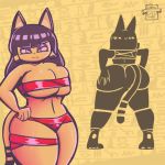  2018 animal_crossing ankha_(animal_crossing) anthro big_breasts big_butt black_eyes breast_squish breasts breasts_frottage butt cat cleavage clothed clothing digital_drawing_(artwork) digital_media_(artwork) egyptian feline female fur hair hi_res huge_breasts looking_at_viewer mammal navel nintendo presenting presenting_hindquarters ribbons silhouette simple_background solo standing sweater_pups_(artist) thick_thighs thigh_squish video_games voluptuous wide_hips yellow_fur 