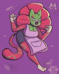  2018 angry anthro apron blush breasts chromatic_aberration clothed clothing cookie_run devsisters digital_media_(artwork) feline female flora_fauna flower_petals hi_res looking_at_viewer mammal mangosteen_ocelot ocelot open_mouth petals plant scratches simple_background solo sweater_pups_(artist) teeth video_games wide_hips 