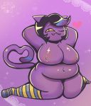  &lt;3 2018 :3 anthro belly big_breasts black_hair breasts cat catty_(undertale) clothed clothing digital_media_(artwork) eyelashes feline female fur hair hi_res legwear looking_at_viewer mammal mostly_nude navel nipples one_eye_closed overweight overweight_female presenting presenting_breasts purple_fur simple_background smile solo stockings sweater_pups_(artist) thick_thighs thigh_highs undertale video_games voluptuous wide_hips wink 