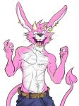  2018 3_fingers anthro athletic biceps buckteeth claws clothed clothing demon digital_drawing_(artwork) digital_media_(artwork) ear_piercing fangs fur grin hi_res horn lagomorph long_ears looking_at_viewer madlag male mammal markings muscular muscular_male navel open_mouth pecs piercing pink_fur portrait pose rabbit scar signature smile solo solo_focus spade spade_tail standing teeth tongue topless 