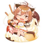  ;3 ;d ahoge alternate_costume animal_ears apron blush bowl brown_eyes brown_footwear brown_hair cat_ears cat_tail checkerboard_cookie chen chibi commentary_request cookie doughnut enmaided eyebrows_visible_through_hair fang food frilled_apron frilled_skirt frills fruit hair_between_eyes head_tilt highres holding holding_bowl icing jewelry knees_together_feet_apart kurumai looking_at_viewer maid maid_apron maid_headdress multiple_tails one_eye_closed open_mouth orange_shirt orange_skirt outstretched_arm pocky pudding puffy_short_sleeves puffy_sleeves ribbon shirt short_hair short_sleeves single_earring skirt smile solo standing strawberry tail touhou transparent_background whisk white_legwear yellow_neckwear yellow_ribbon 