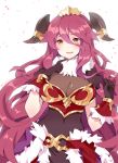  blush breasts cleavage covered_navel dragalia_lost fang fruitfroze fur_collar fur_trim gloves highres horns long_hair mym_(dragalia_lost) open_mouth red_hair solo yellow_eyes 