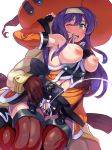  1girl armpits bar_censor black_gloves boris_(noborhys) breasts brown_gloves censored cum detached_sleeves ejaculation fingerless_gloves fire_emblem fire_emblem:_akatsuki_no_megami fire_emblem:_souen_no_kiseki fire_emblem_heroes gloves green_eyes grinding hat highres long_hair medium_breasts midriff navel nipples one_eye_closed open_mouth panties penis purple_hair red_legwear robe simple_background summoner_(fire_emblem_heroes) sweat thigh_sex thighhighs underwear wayu_(fire_emblem) white_background wide_sleeves witch_hat 