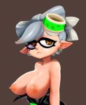  +_+ 1girl 8-tomb artist_name bare_shoulders black_dress breasts breasts_outside dress food food_on_head hair_ornament highres hotaru_(splatoon) large_breasts mole mole_under_eye nintendo nipples object_on_head pointy_ears short_hair signature silver_hair simple_background splatoon strapless strapless_dress tentacle_hair 