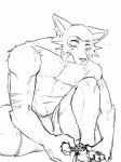  anthro beastars canine clothed clothing hakiahki legosi_(beastars) male mammal monochrome muscular muscular_male nail_clipping nails scar solo topless wolf 