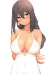  armlet arms_behind_back azur_lane bangs bare_shoulders black_hair blush body_mahattaya_ginga breasts brown_eyes cleavage closed_mouth collarbone covered_navel dark_skin dress earrings eyebrows_visible_through_hair feather_earrings hair_between_eyes head_tilt jewelry large_breasts light_smile long_hair looking_at_viewer native_american revision simple_background smile solo south_dakota_(azur_lane) tied_hair upper_body white_background white_dress 