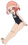  bandaid bangs bare_legs barefoot blunt_bangs blush full_body grey_eyes hatching_(texture) highres inkling one-piece_swimsuit pink_hair pointy_ears school_swimsuit short_bangs short_hair soles solo splatoon_(series) swimsuit tentacle_hair yu-ri 