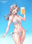  ahoge alcohol antenna_hair bare_shoulders beer beer_mug bikini blue_sky breasts cleavage commentary_request cowboy_shot cup day front-tie_bikini front-tie_top green_eyes grey_hair holding holding_cup kantai_collection kinugasa_(kantai_collection) large_breasts navel outdoors side-tie_bikini sky swimsuit thighs title tsukira_(amayadori) tsurime white_bikini wide_hips 