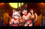  :d animal_ears bandaged_arm bandaged_head bandages bare_shoulders black_hair blood blood_stain blue_eyes breasts cat_ears cat_tail chocolate_(rabi_ribi) choker claw_pose cleavage cloud collarbone commentary english_commentary eyebrows_visible_through_hair eyes_visible_through_hair fang flower full_moon hair_flower hair_ornament halloween halloween_costume hands_up highres letterboxed looking_at_viewer medium_breasts midriff moon multiple_girls mummy_costume navel one_eye_covered open_mouth pumpkin rabi-ribi red_choker short_hair smile speckticuls tail vanilla_(rabi_ribi) white_hair 