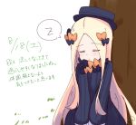  abigail_williams_(fate/grand_order) bangs black_bow black_dress black_hat blonde_hair blush bow closed_eyes closed_mouth dated dress eyebrows_visible_through_hair facing_viewer fate/grand_order fate_(series) forehead hair_bow hat kujou_karasuma long_hair long_sleeves orange_bow parted_bangs signature sketch sleeping sleeves_past_fingers sleeves_past_wrists solo spoken_zzz translation_request tree very_long_hair white_background 