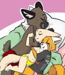  aggressive_retsuko ailurid bedding blanket breasts canine clothed clothing female fennec fenneko fox group haida hyena male mammal nontoxo pillow red_panda retsuko sanrio shirt sleeping smile topless underwear 