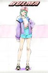  90s :o aqua_hair aqua_shorts arm_at_side bangs bare_legs baseball_cap blue_eyes blue_jacket bulma capsule_corp character_name commentary cross-laced_footwear dragon_ball dragon_ball_(classic) english_commentary expressionless eyelashes fashion full_body hand_on_hip hat head_tilt high-waist_shorts highres horizontal-striped_background inktober jacket long_sleeves looking_away mynare open_mouth pink_background pink_shirt purple_jacket shirt shirt_tucked_in shoes shorts simple_background sneakers socks solo standing trim_marks two-tone_background two-tone_jacket white_background 