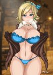  1girl bangs bare_midriff blonde_hair blue_eyes blush bra breasts cleavage curvy fenrox gluteal_fold hairband jacket large_breasts looking_at_viewer navel open_clothes open_jacket original panties removing_jacket smile solo underwear undressing wide_hips 