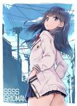  :o bangs black_hair black_skirt blue_eyes bow copyright_name day eyebrows_visible_through_hair hands_in_pockets jacket long_hair long_sleeves looking_at_viewer looking_back microskirt open_clothes open_jacket pleated_skirt power_lines red_bow school_uniform skirt sky ssss.gridman takarada_rikka telephone_pole thighs town tsurugi_hagane white_jacket 