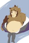  2018 anthro belly blush brown_fur canine clothing fur humanoid_hands male mammal mikanyeye moobs navel nipples overweight overweight_male robe solo tanuki undressing 