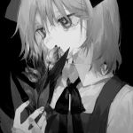  bangs black_background cirno collared_shirt covered_mouth fingernails flower flower_to_mouth greyscale holding holding_flower isshin_(kaxz) looking_away monochrome neck_ribbon ribbon sad shirt short_hair solo tears touhou tulip upper_body 