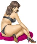  ass back bangs black_bra black_footwear black_panties bra breasts brown_eyes brown_hair closed_mouth commentary_request from_side hand_on_own_leg high_heels highres large_breasts legs lips long_hair looking_at_viewer looking_back lupin_iii mine_fujiko panties simple_background sitting smirk solo swept_bangs tan thong toten_(der_fuhrer) underwear underwear_only white_background yokozuwari 