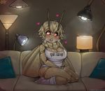  antennae between_legs black_sclera blush breasts bug camisole carapace cleavage clothes_writing commentary couch crossover dark english english_commentary full_body fur_collar hand_between_legs heart heart-shaped_pupils indoors insect insect_girl insect_wings kneeling lamp large_breasts meme monster_girl moth_girl on_couch open_mouth orange_eyes original panties parody pussy_juice pussy_juice_stain saliva short_hair socks solo_focus surrounded symbol-shaped_pupils trembling underwear underwear_only wings yellowroom you_gonna_get_raped 